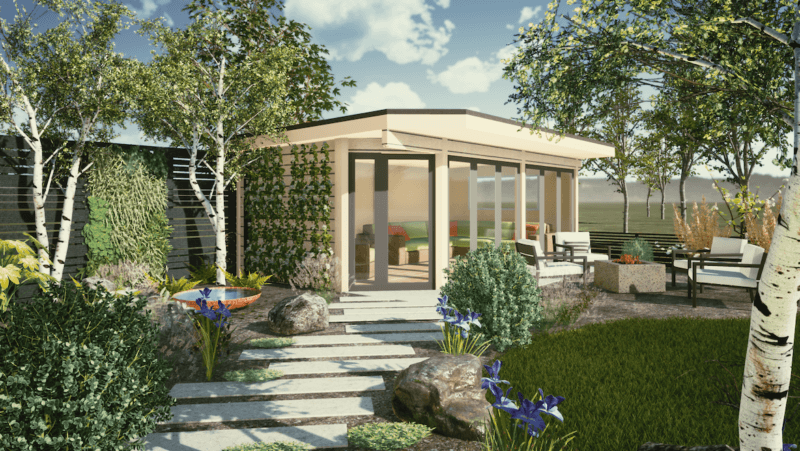 garden design including Norwegian Log outdoor room