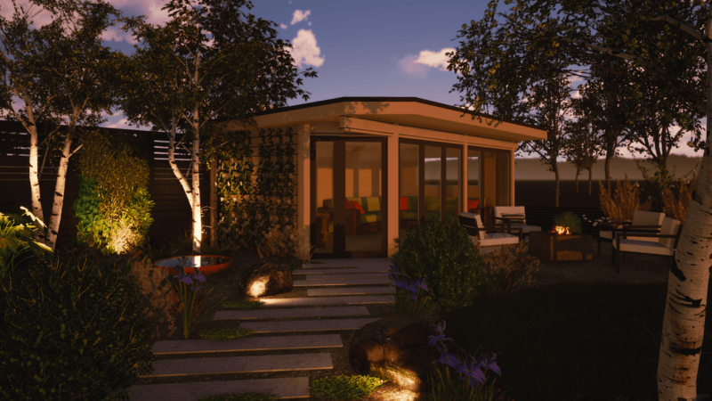 Garden design including outdoor room at sunset