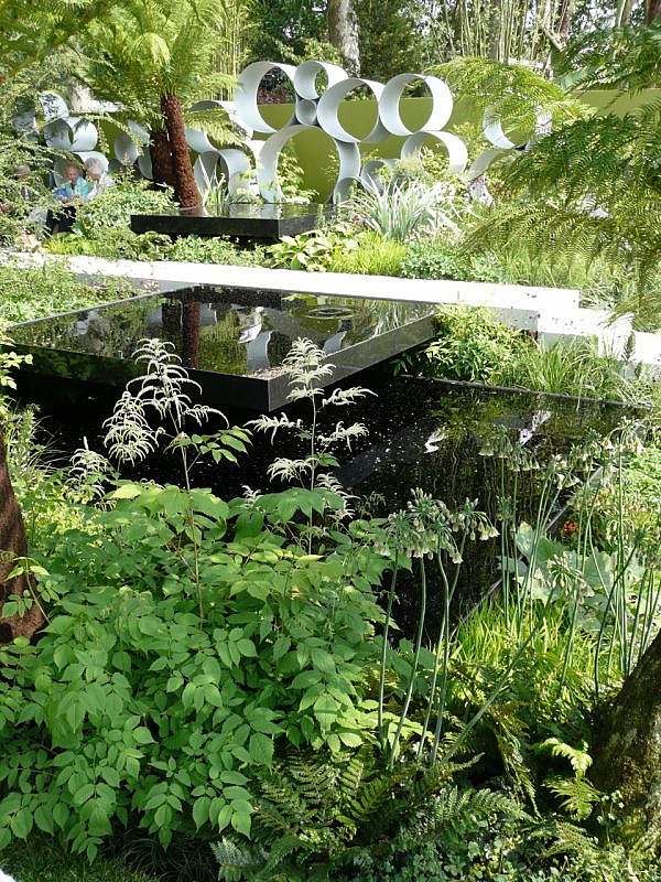 contemporary garden design using geometric shapes and lush planting